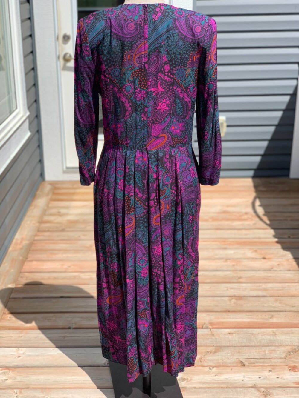 Vintage Paisley Maxi Midi Dress M Purple Pleated Long Puff Sleeve Pockets Modest - Picture 6 of 16
